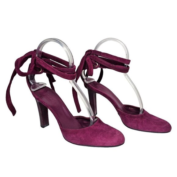 Gucci Suede Lace Up Pump Heels Ankle Tie Heels Leather Pink Plum Women's 6B - Picture 1 of 13
